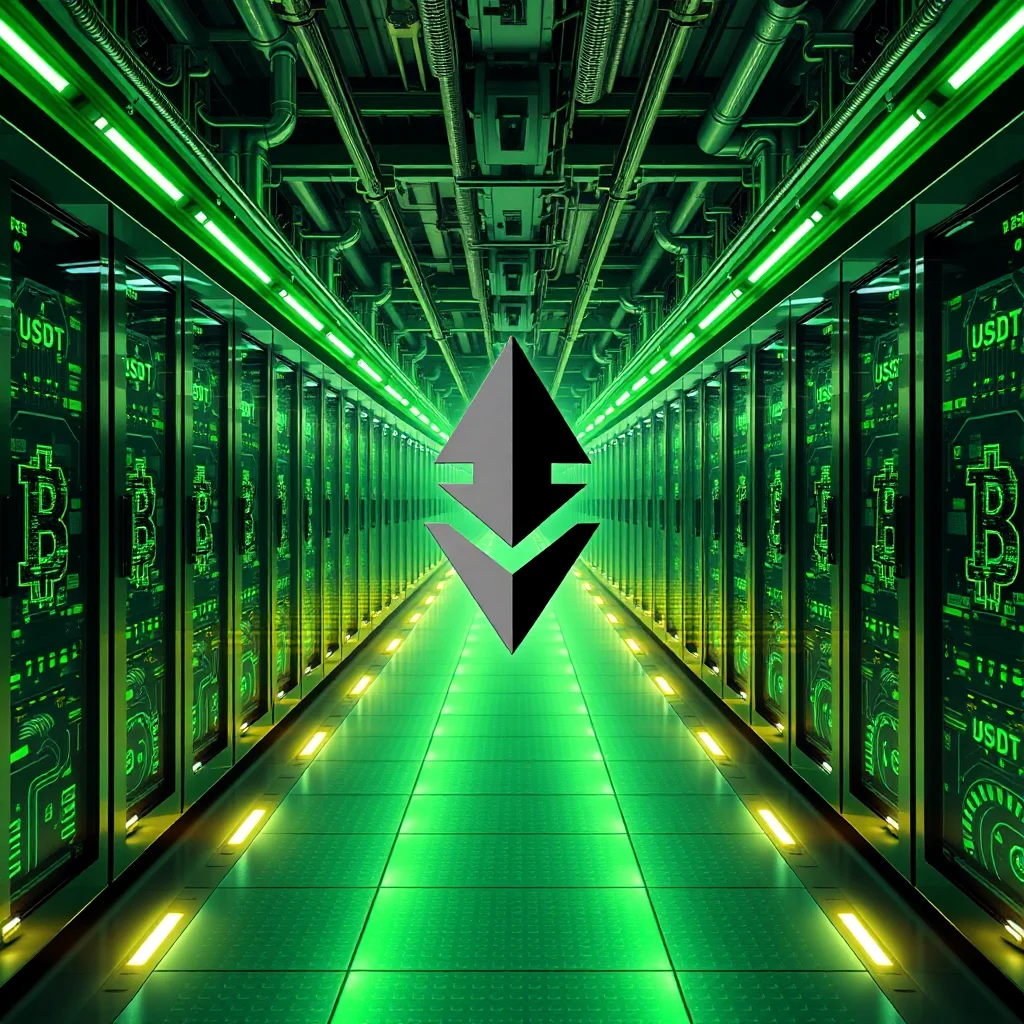 Ein Gang in einem Serverraum mit grünen Lichtern und dem Ethereum-Symbol in der Mitte.