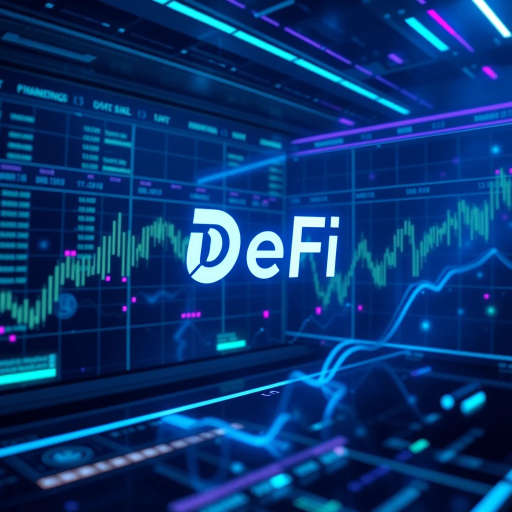 Eine abstrakte digitale Darstellung der DeFi-Branche mit dem DeFi-Logo vor einem Hintergrund aus Daten- und Chart-Anzeigen in Neonblau und Pink.
