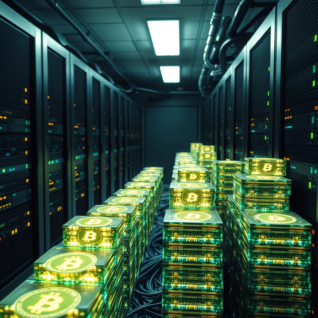 Ein Serverraum mit mehreren Reihen von Racks, gefüllt mit leuchtenden Bitcoin-Symbolen.