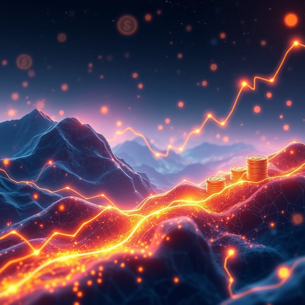 Eine Berglandschaft im Dunkeln mit glühenden orangefarbenen Linien, die wie ein Börsenkurs über die Gipfel verlaufen, und kleinen roten Lichtern, die über dem Bild verteilt sind. Auf einem der Gipfel sind drei Münzstapel zu sehen, die in den Himmel ragen.
