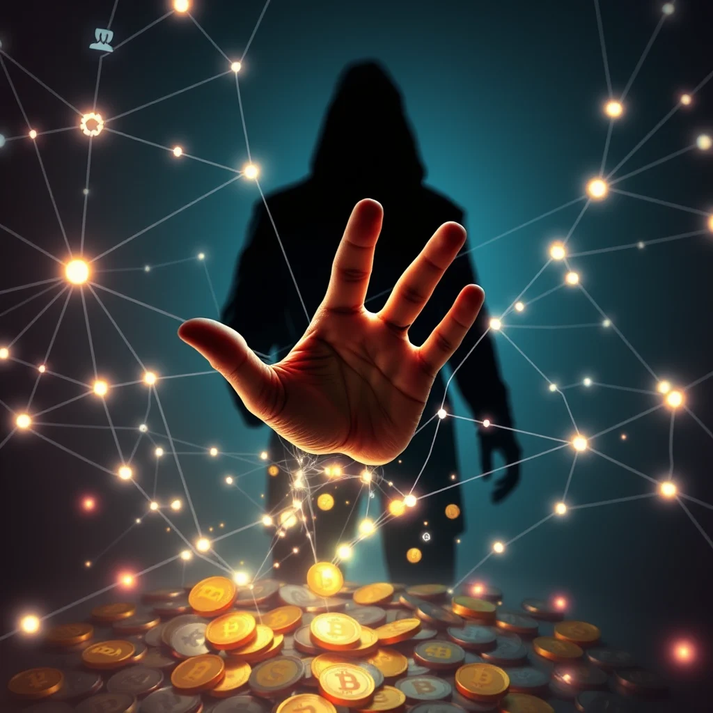 Eine Person in einer Kapuzenjacke mit einer offenen Hand, die über einen Haufen Bitcoin-Münzen gehalten wird, vor einem Netzwerk aus Lichtern und Linien.