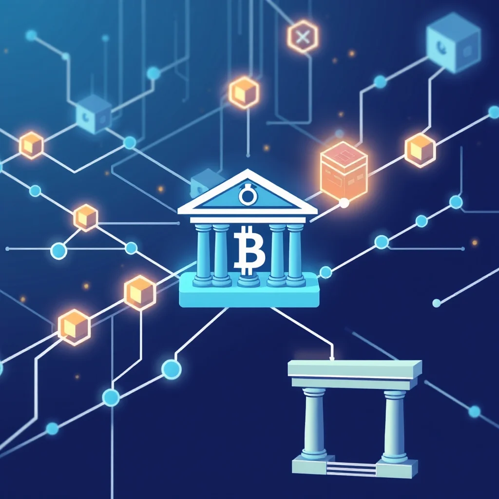 Grafik im Stil einer Bank mit Bitcoin-Symbol, verbunden mit anderen Knoten in einem dezentralen Netzwerk.