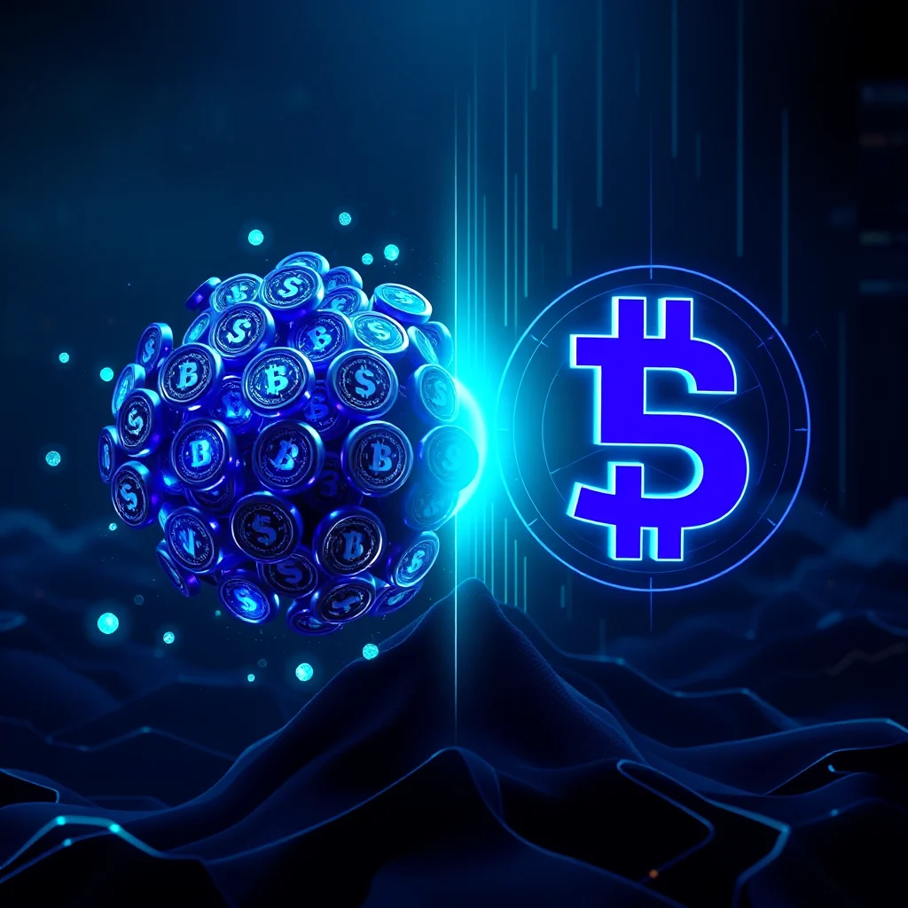 Eine Kugel aus leuchtend blauen Bitcoin-Symbolen schwebt vor einem dunklen Hintergrund mit digitalen Diagrammen und einer größeren Bitcoin-Gravur.