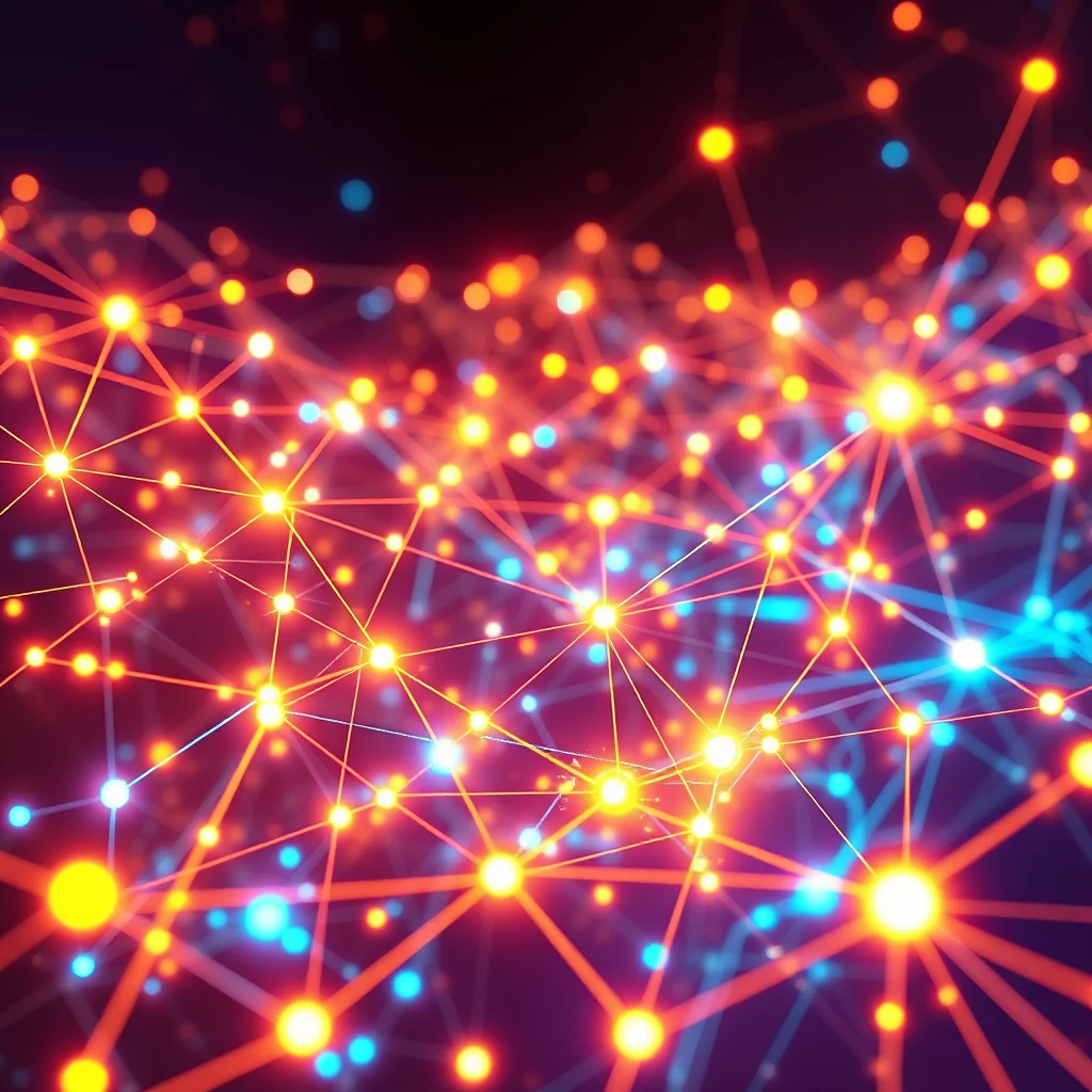 Eine Nahaufnahme eines sich ausdehnenden Netzwerks aus leuchtend gelben und orangen Punkten, die durch dünne, rote und blaue Linien verbunden sind, vor einem dunklen Hintergrund.