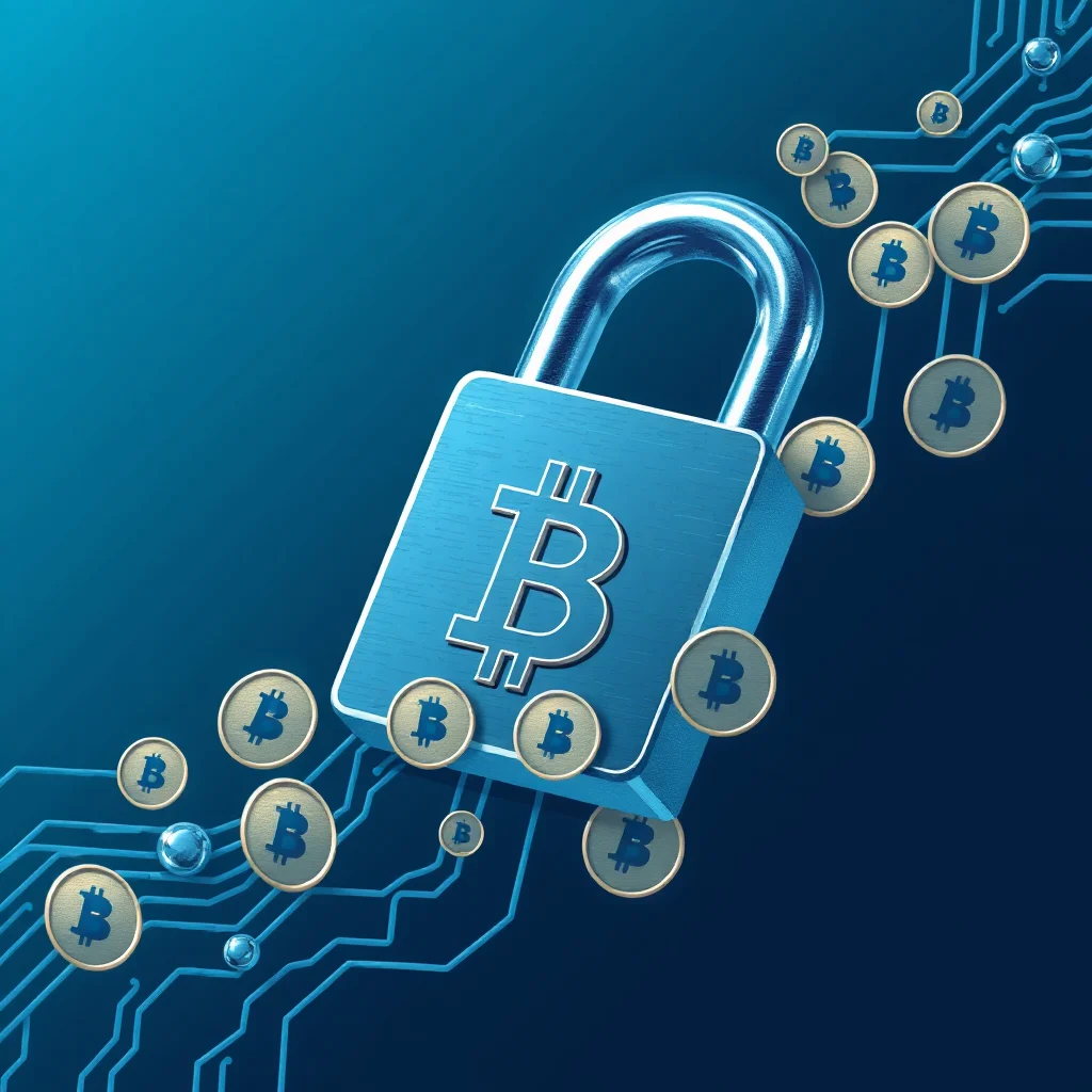 Ein blaues Vorhängeschloss mit einem Bitcoin-Symbol darauf, umgeben von mehreren Bitcoin-Münzen auf einem blauen Hintergrund, der eine Leiterplatte darstellt.