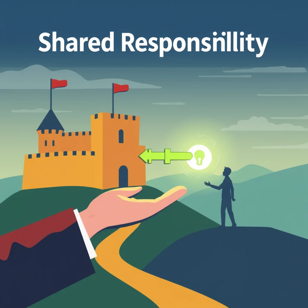 Eine große Hand hält einen Weg zu einer Burg, während ein Mann mit einem Schlüssel mit einer Glühbirne in einer hellen Zone davor steht. Der Text lautet "Shared Responsibility".