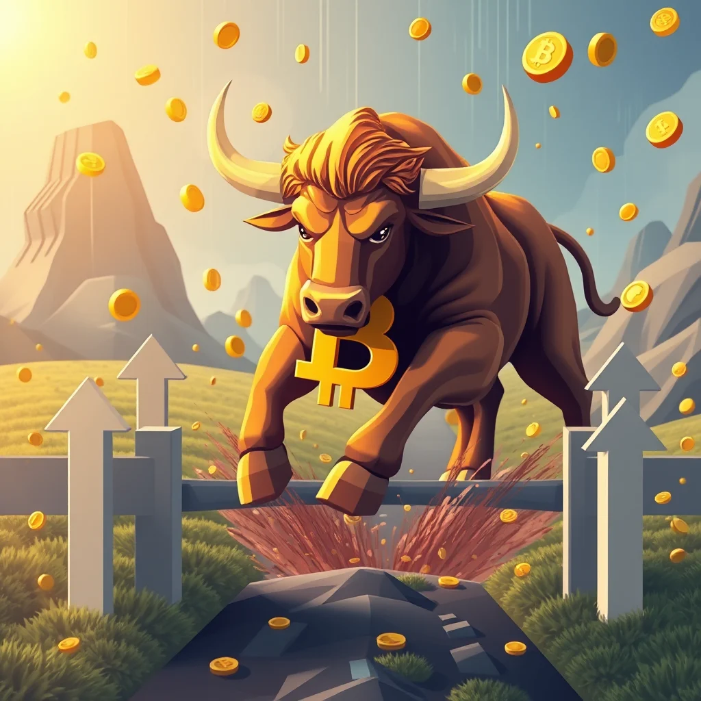 Ein stilisierter brownfarbener Bitcoin-Bulle stürmt über eine grüne, hügelige Landschaft, umgeben von fallenden goldenen Bitcoin-Münzen.