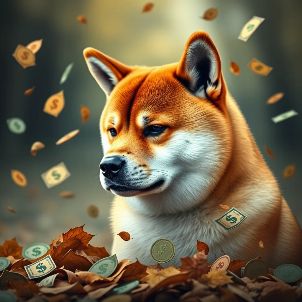 Ein Shiba Inu sitzt in herbstlichen Blättern, während Geldscheine und Münzen um ihn herum schweben.