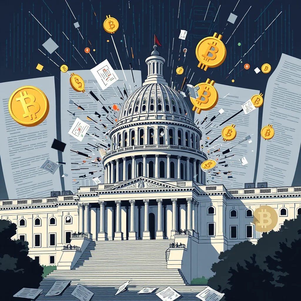 Das Kapitol der Vereinigten Staaten von Amerika ist von Bitcoins, Wertpapieren und Gesetzesentwürfen umgeben.