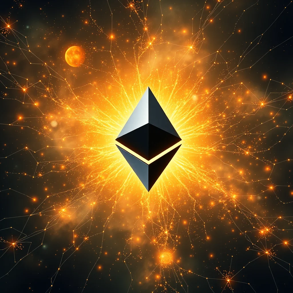 Eine Ethereum-Münze im Weltraum vor einem leuchtenden orangefarbenen Hintergrund, der wie eine Explosion aussieht, mit kleinen Sternen und leuchtenden Linien, die ein Netzwerk bilden.