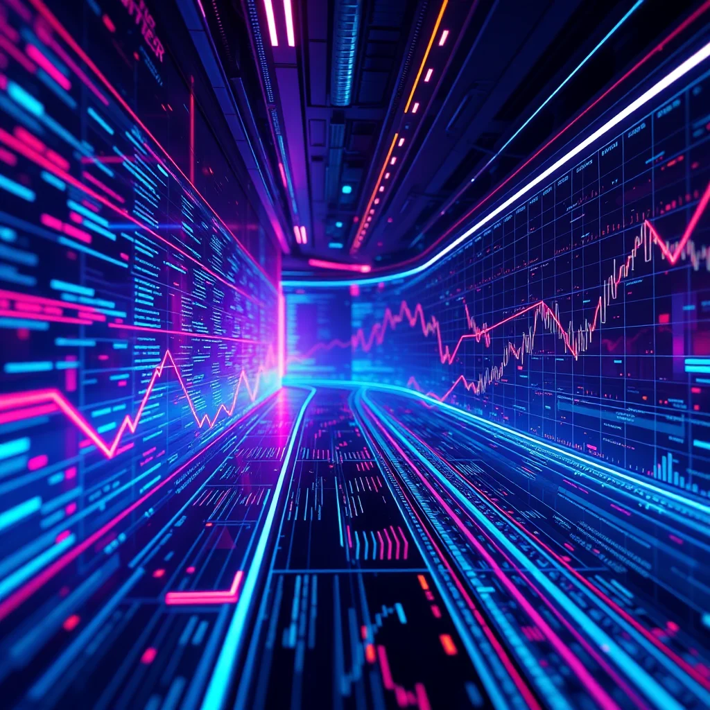 Futuristische neonbeleuchtete Datenvisualisierung mit Liniendiagrammen, die sich in einem Korridor aus Bildschirmen und Lichtern erstrecken.