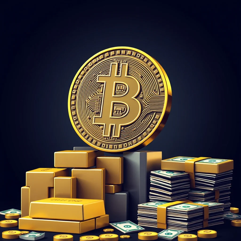 Ein großer goldener Bitcoin auf einem Stapel von sechs goldenen Barren und mehreren grau-schwarzen geometrischen Formen, mit einigen Stapeln von Banknoten daneben und vielen Münzen auf dem Boden.