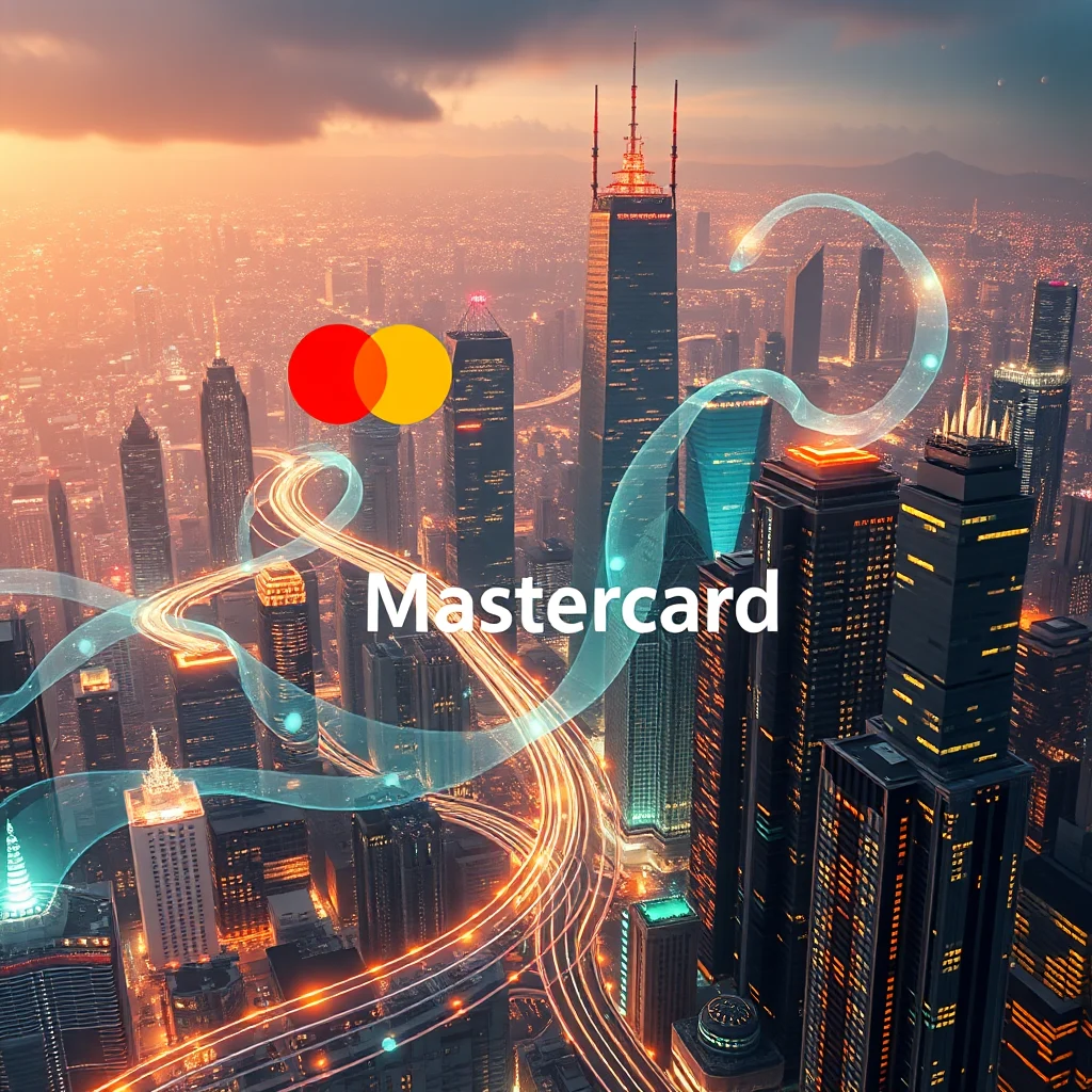 Der Mastercard-Schriftzug ist auf einem Bild einer Skyline bei Sonnenuntergang zu sehen, mit den charakteristischen roten und gelben Kreisen von Mastercard darüber.