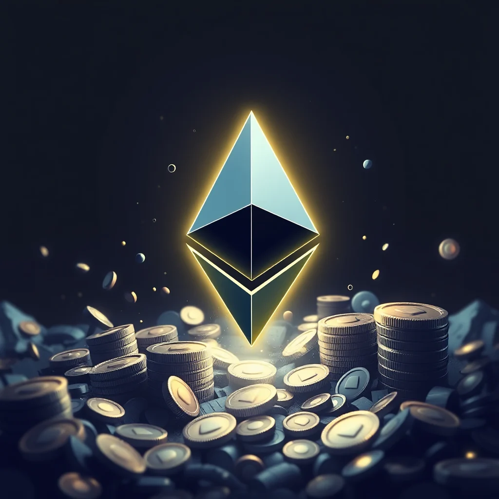 Ein leuchtendes Ethereum-Symbol, das über einem Haufen Kryptowährungsmünzen schwebt, die vor einem dunklen Hintergrund mit vereinzelten leuchtenden Partikeln gestapelt sind.