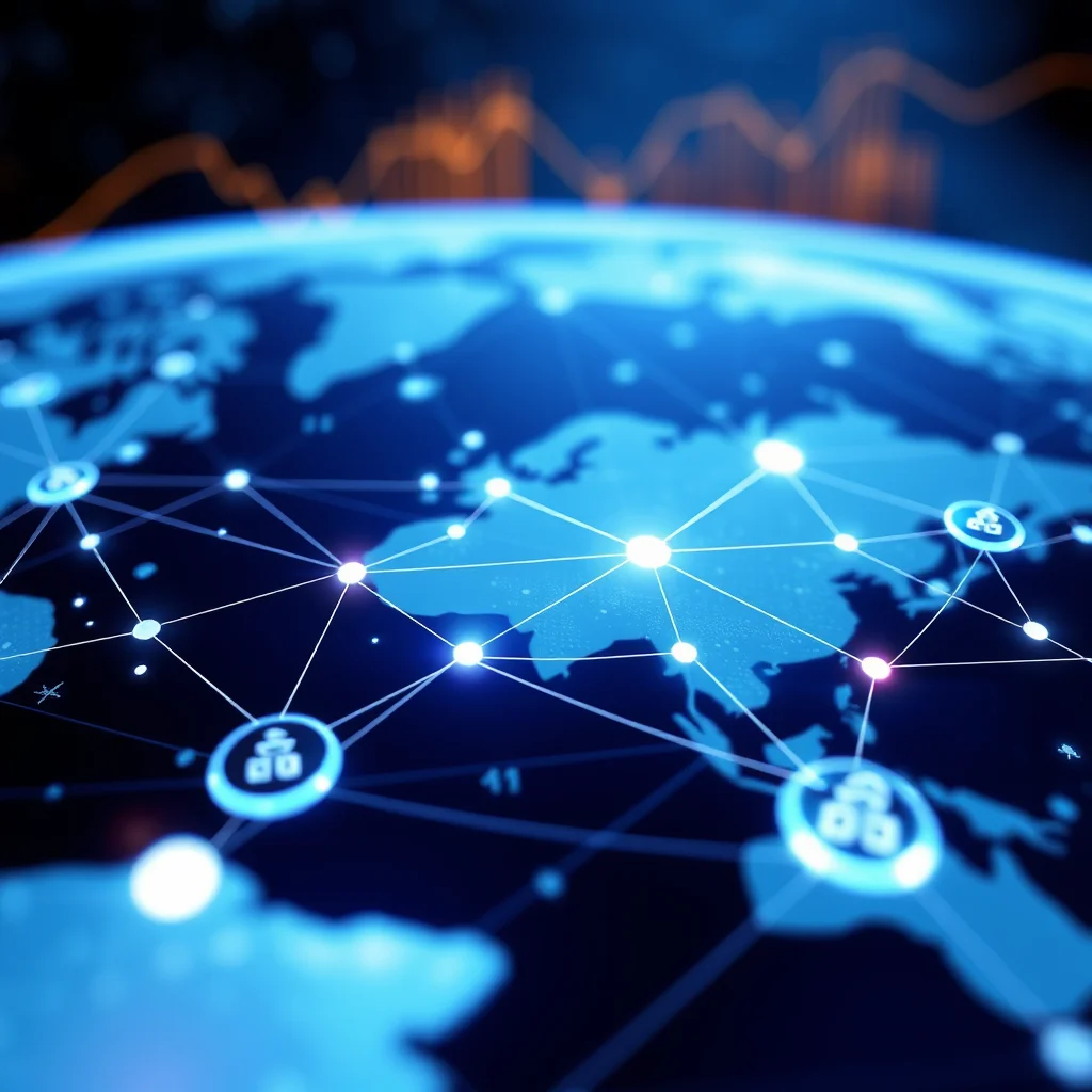 Ein abstraktes globales Netzwerk mit Lichtern und Verbindungen, die über eine Weltkarte gehen, mit einem unscharfen orangefarbenen Diagramm im Hintergrund.