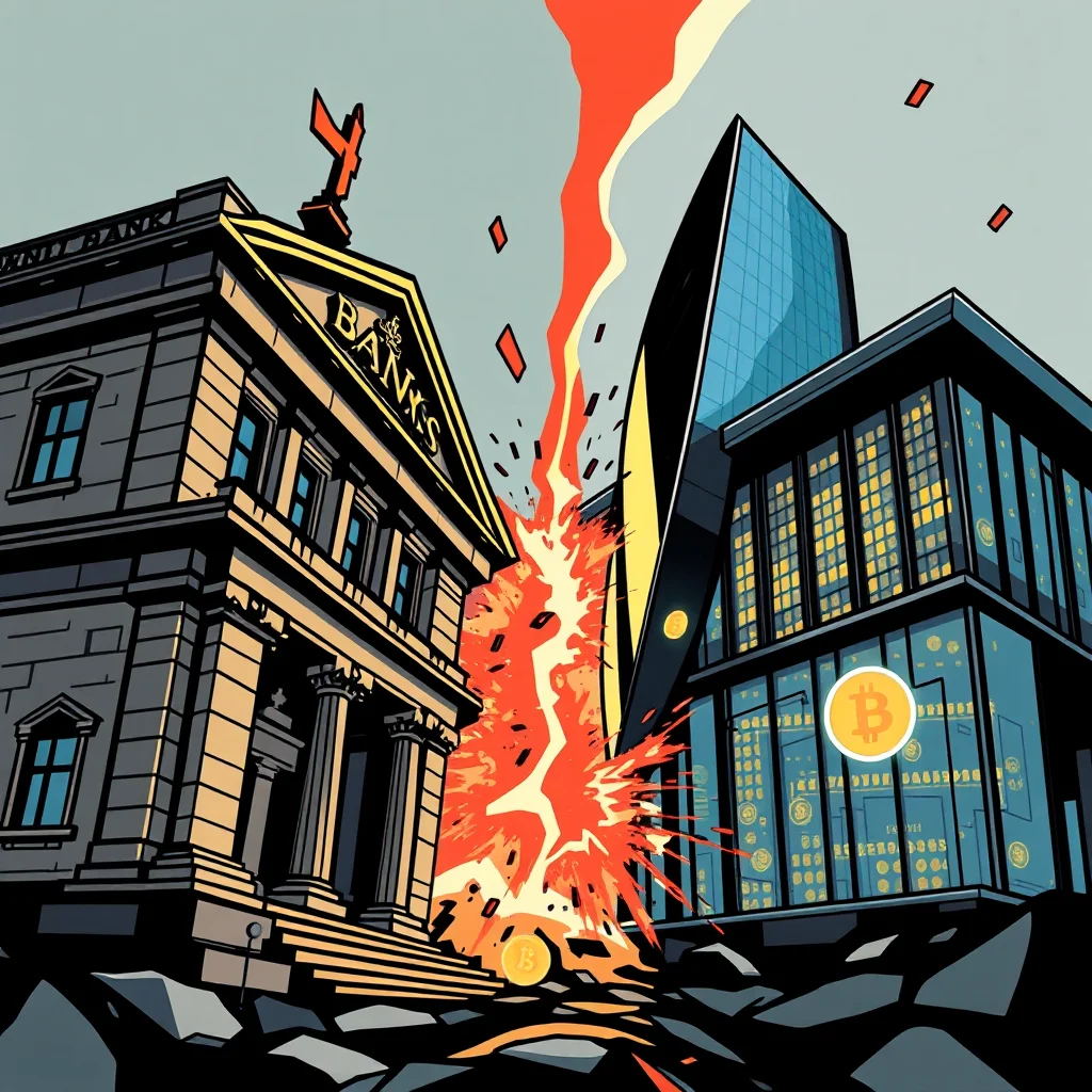 Eine Explosion aus roten und orangen Flammen bricht zwischen einem klassischen Bankgebäude und einem modernen Glasgebäude aus. Das Bankgebäude hat eine Säulenfront und das Wort "BANKS" auf seinem Giebel. Auf dem modernen Gebäude sind Bitcoin-Symbole zu sehen.