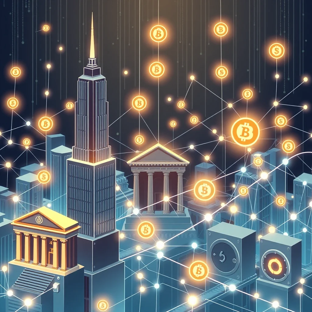 Ein futuristisches Stadtbild mit Bitcoin-Symbolen, die wie Sterne am Himmel schweben und durch leuchtende Linien miteinander verbunden sind.