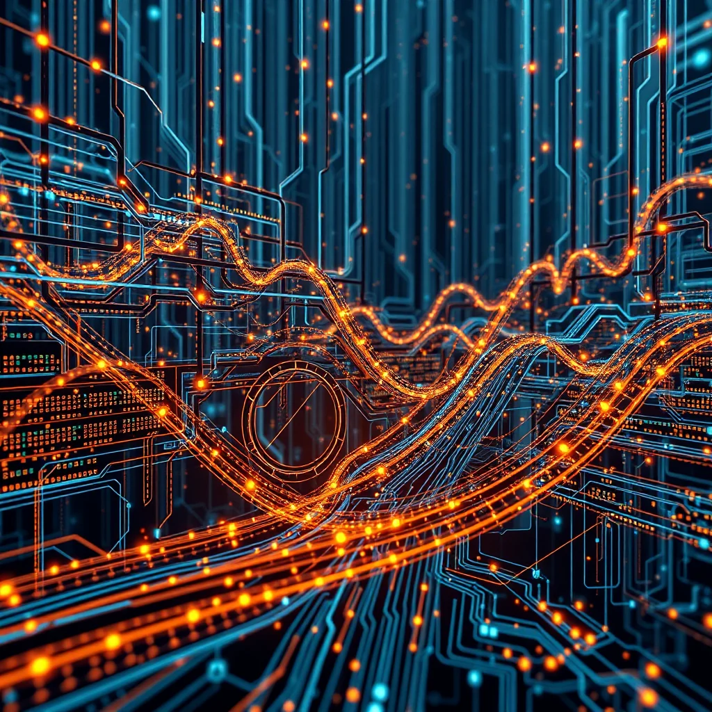 Ein abstrakter digitaler Hintergrund mit leuchtend blauen und orangefarbenen Linien, die wie eine Leiterplatte oder ein Datenstrom aussehen.