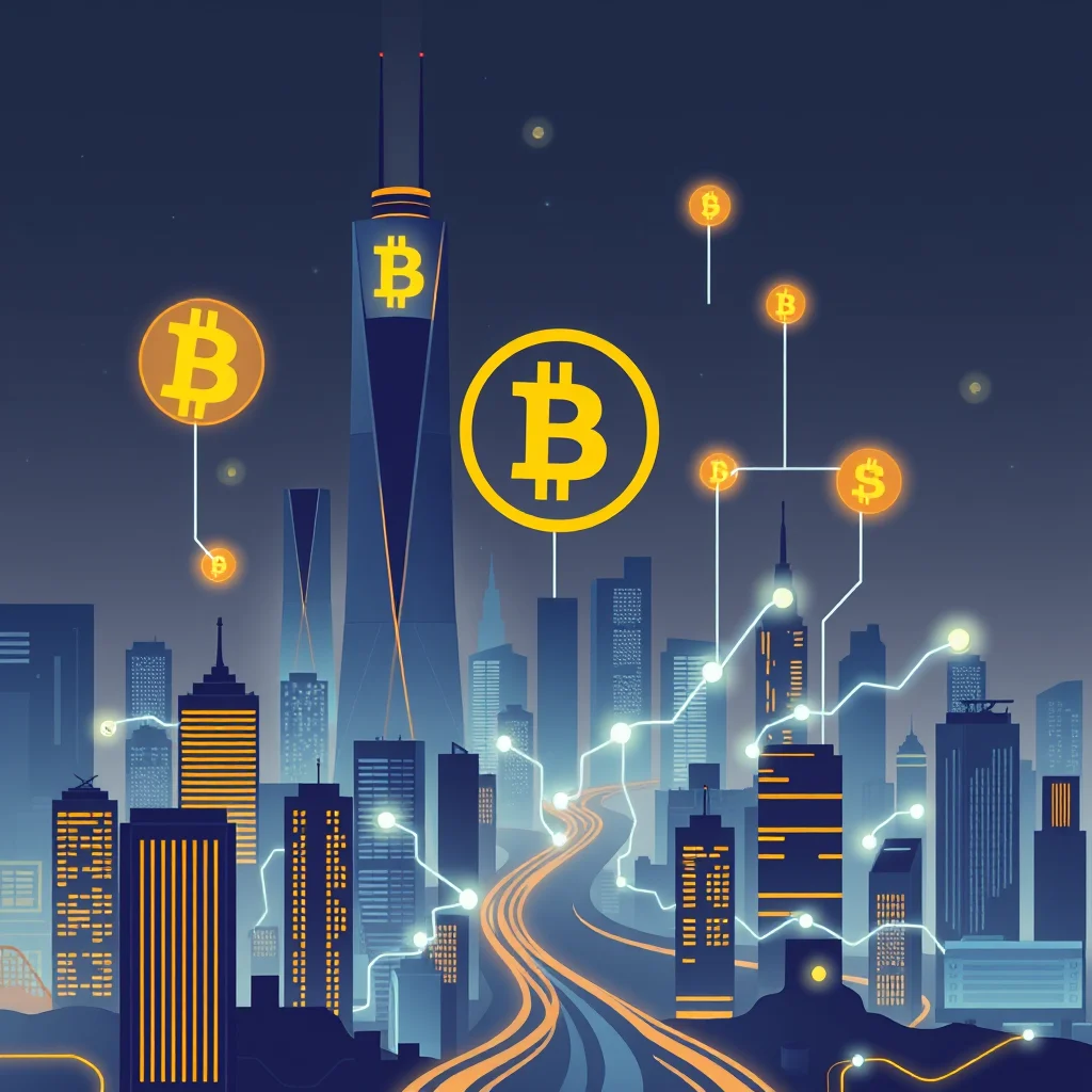 Digitale Weltstadt mit Bitcoin-Symbolen und glühenden Straßen, die sich durch die Nacht schlängeln.