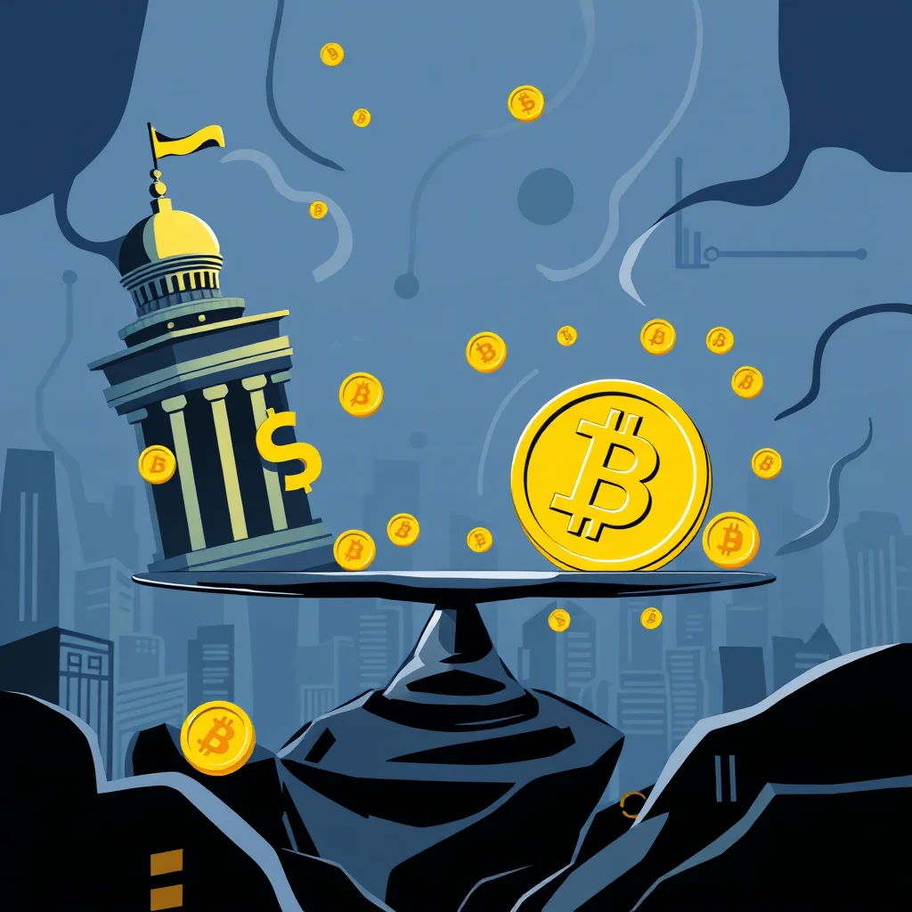 Ein Waagenarm, der ein Gebäude mit einem Dollarzeichen darauf darstellt, wiegt einen großen Bitcoin auf der anderen Seite aus, während viele kleinere Bitcoins herumschweben, vor dem Hintergrund einer städtischen Skyline im Dämmerlicht.