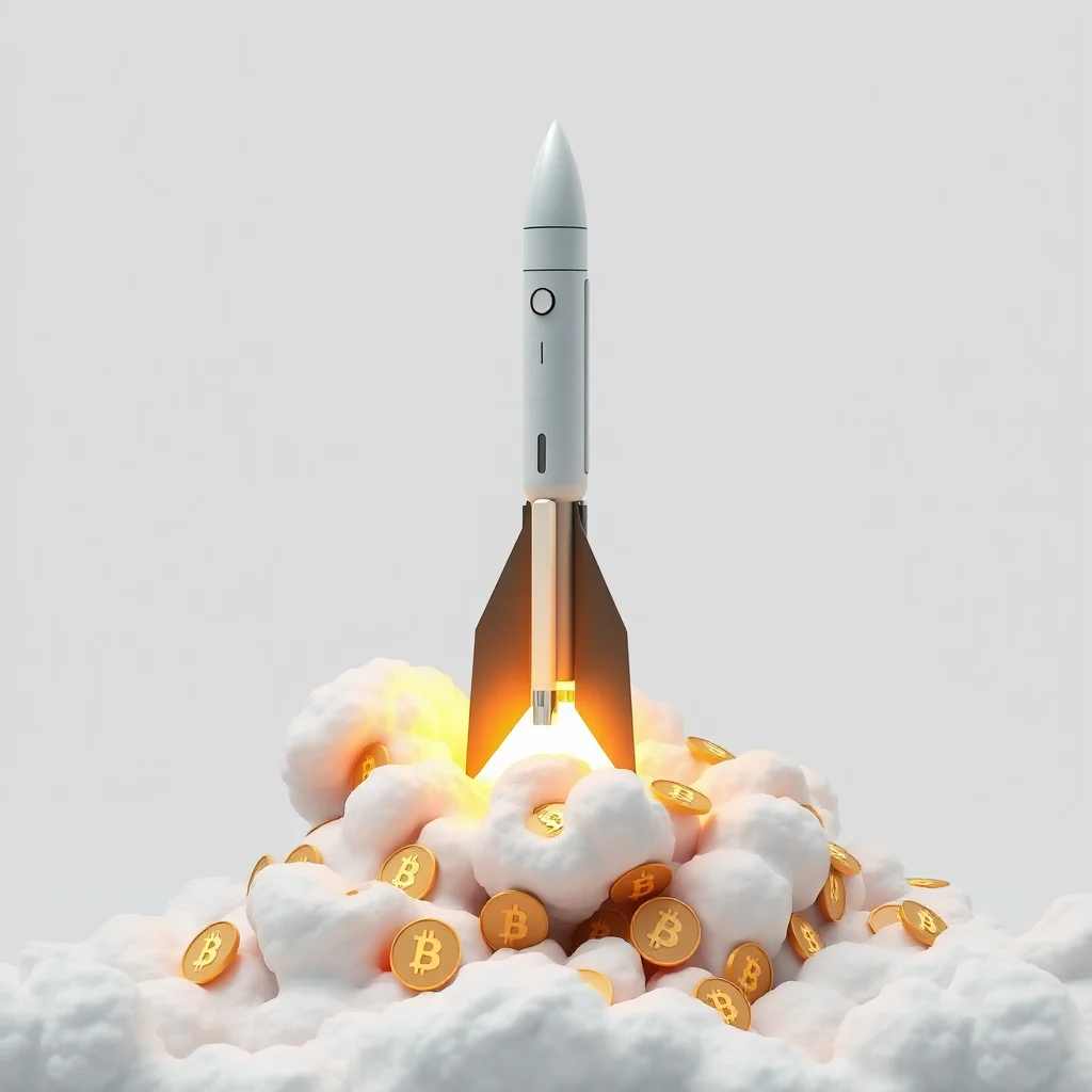 Eine Rakete startet und stößt Bitcoin-Münzen und Rauch aus.
