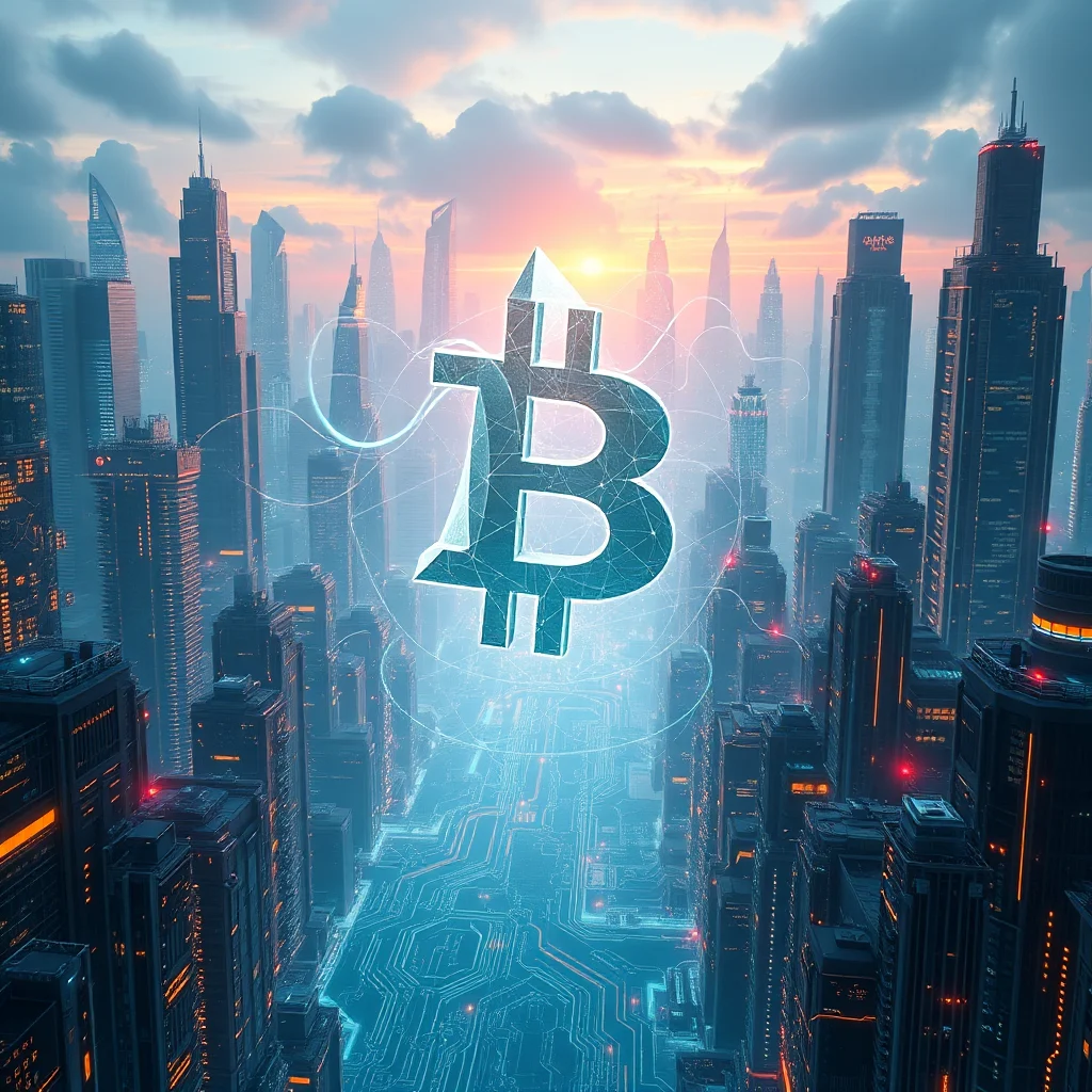 Eine Bitcoin-Symbol schwebt über einer futuristischen Stadt im Sonnenuntergang, mit leuchtenden Schaltkreismustern auf den Straßen.