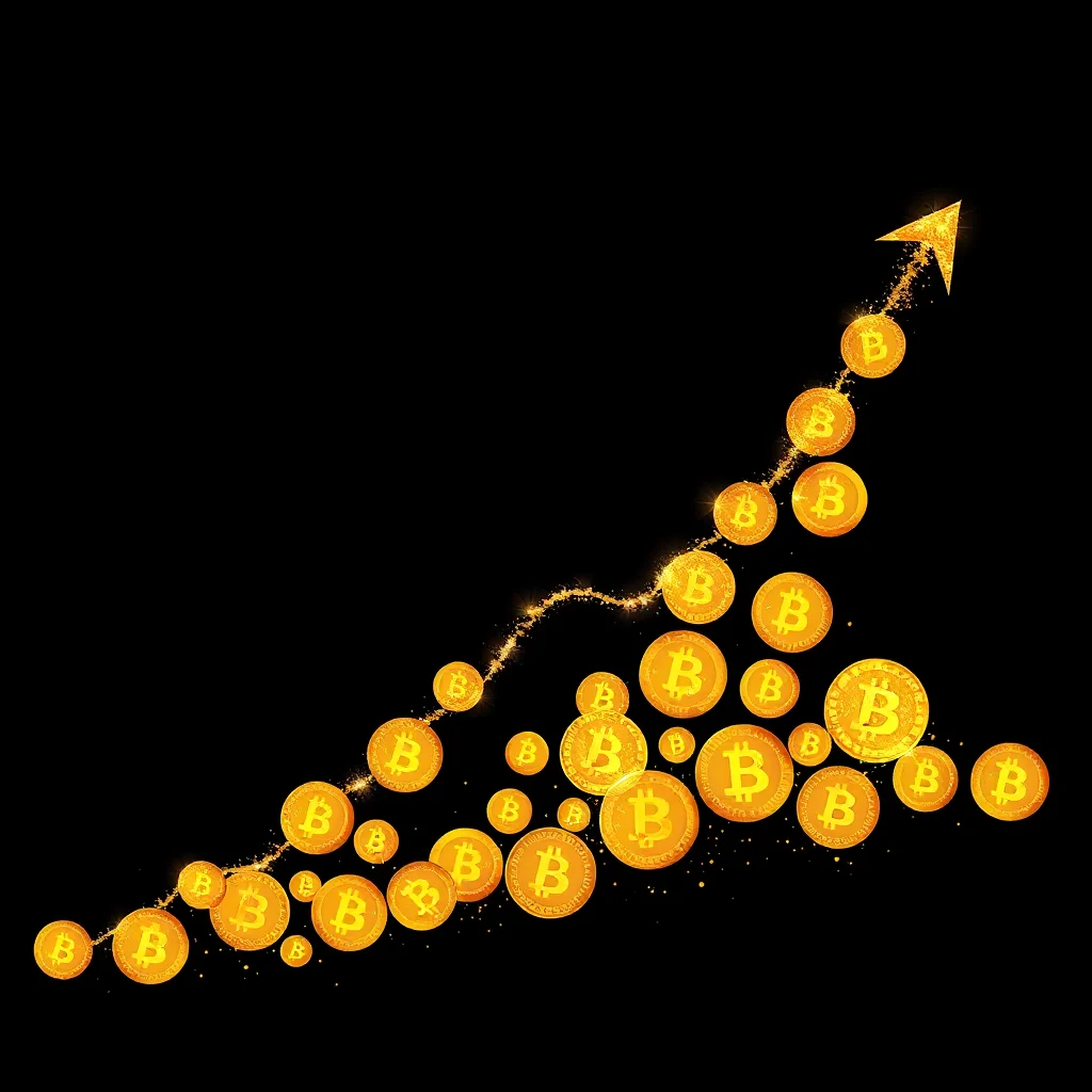 Bitcoins als aufsteigender Graph mit glitzernden Partikeln auf schwarzem Hintergrund