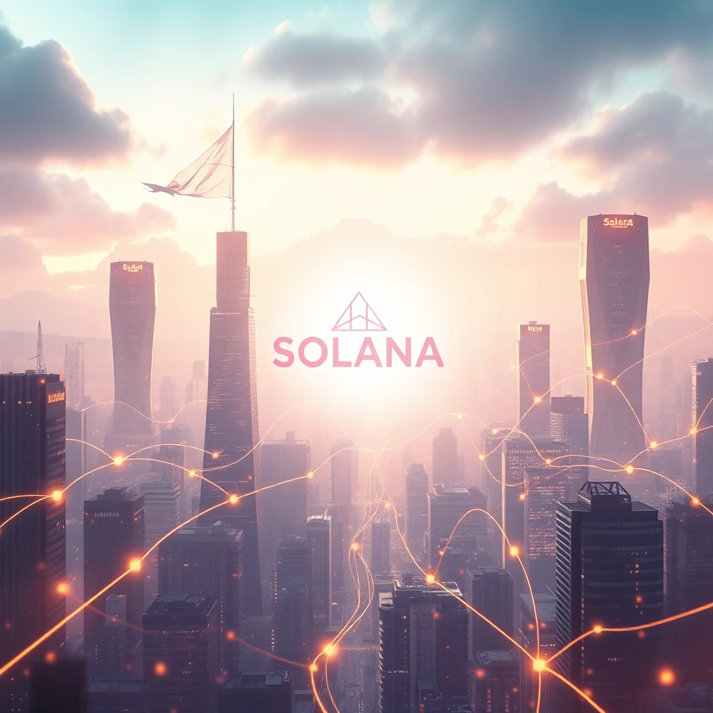 Eine futuristische Stadt bei Sonnenaufgang mit dem Solana-Logo und einer leuchtenden Vernetzung, die sich über die Skyline erstreckt.