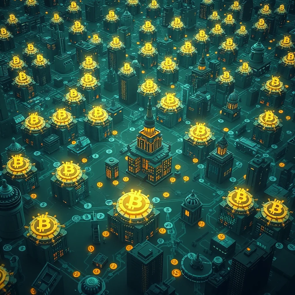 Eine isometrische Ansicht einer dystopischen Cyberpunk-Stadt voller Gebäude mit Bitcoin-Symbolen darauf.