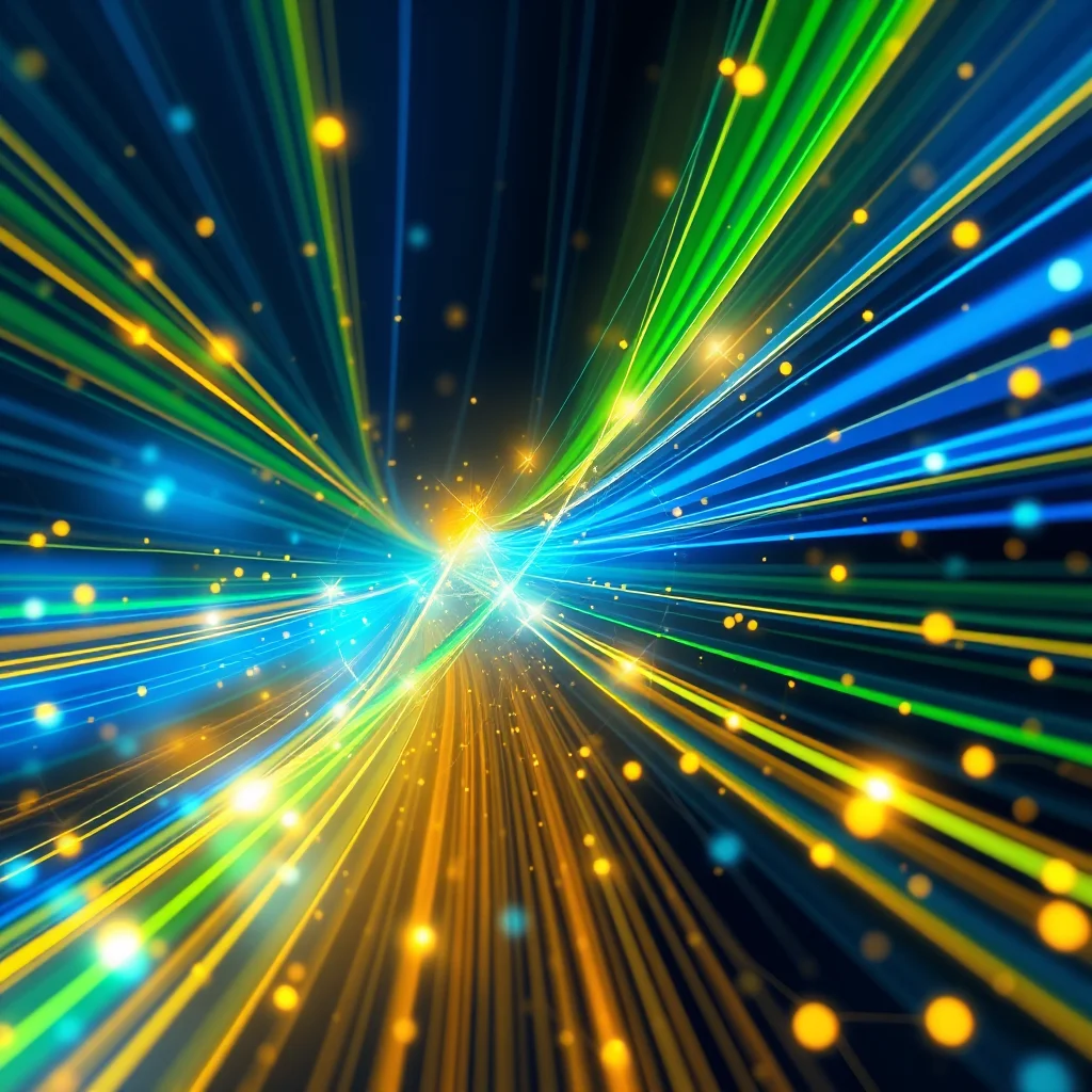Bunte Lichtstrahlen und Sterne auf schwarzem Hintergrund.