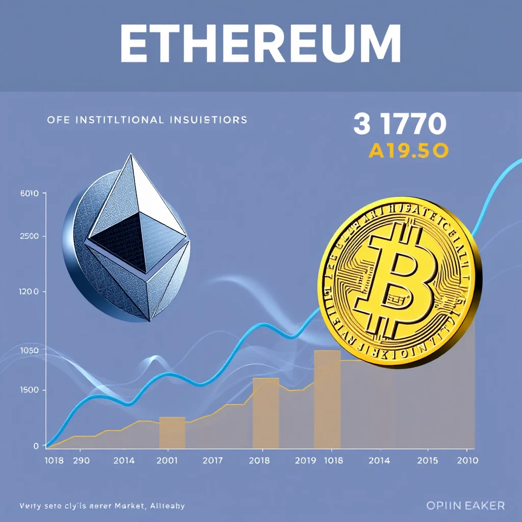 Ein Diagramm, das den Aufstieg von Ethereum und Bitcoin zeigt, mit dem Ethereum-Symbol links und dem Bitcoin-Symbol rechts, das die steigende Entwicklung von Kryptowährungen über die Jahre visualisiert.