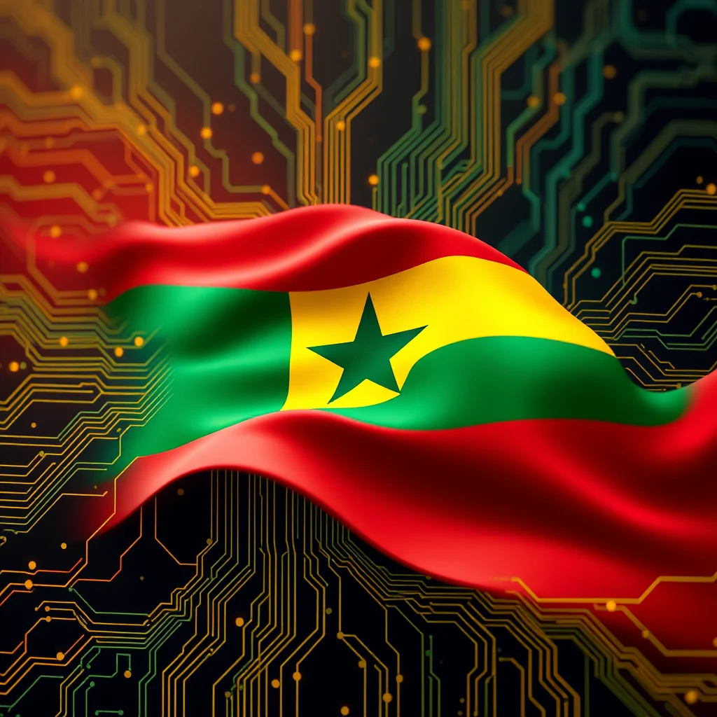 Die Flagge Ghanas weht vor einem Hintergrund aus leuchtenden, orangen und grünen elektronischen Schaltkreisen.