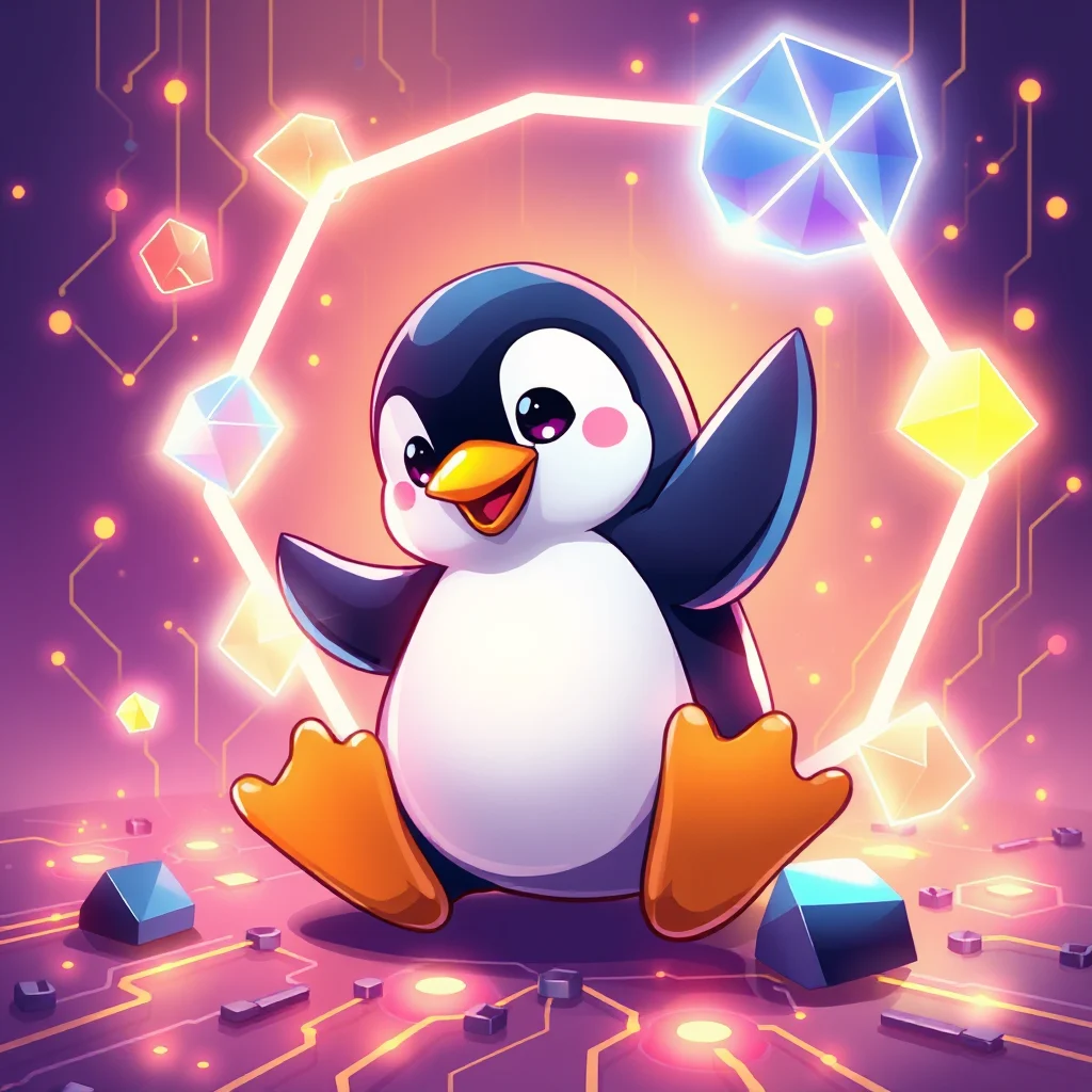 Ein niedlicher, stilisierter Pinguin sitzt in der Mitte eines neonfarbenen Netzes aus Linien, das an eine elektronische Schaltung erinnert. Leuchtende, facettierte Edelsteine in verschiedenen Farben sind um das Netz herum angeordnet. Der Pinguin hat große, runde Augen, rosa Wangen und einen breiten, fröhlichen Mund. Seine Flügel sind leicht ausgestreckt, und er sitzt auf seinen großen, orangefarbenen Füßen. Der Hintergrund ist dunkelviolett mit kleinen, leuchtenden Punkten und weiteren geometrischen Formen.