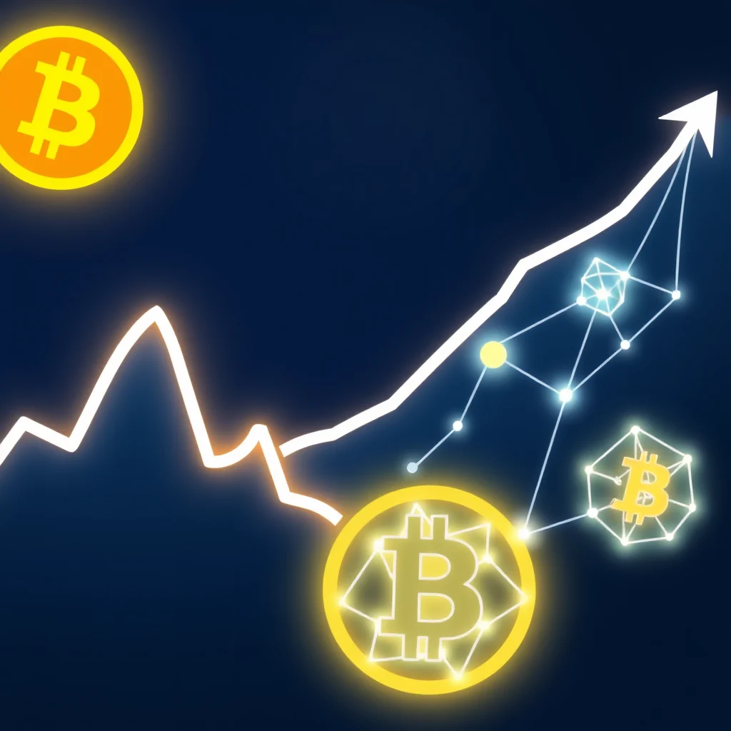 Ein Bitcoin-Symbol leuchtet hell vor einem dunklen Hintergrund, während ein weißer Graph mit einem Aufwärtstrend, verbunden mit hellen Punkten und Linien, sowie weitere Bitcoin-Symbole im Hintergrund zu sehen sind.