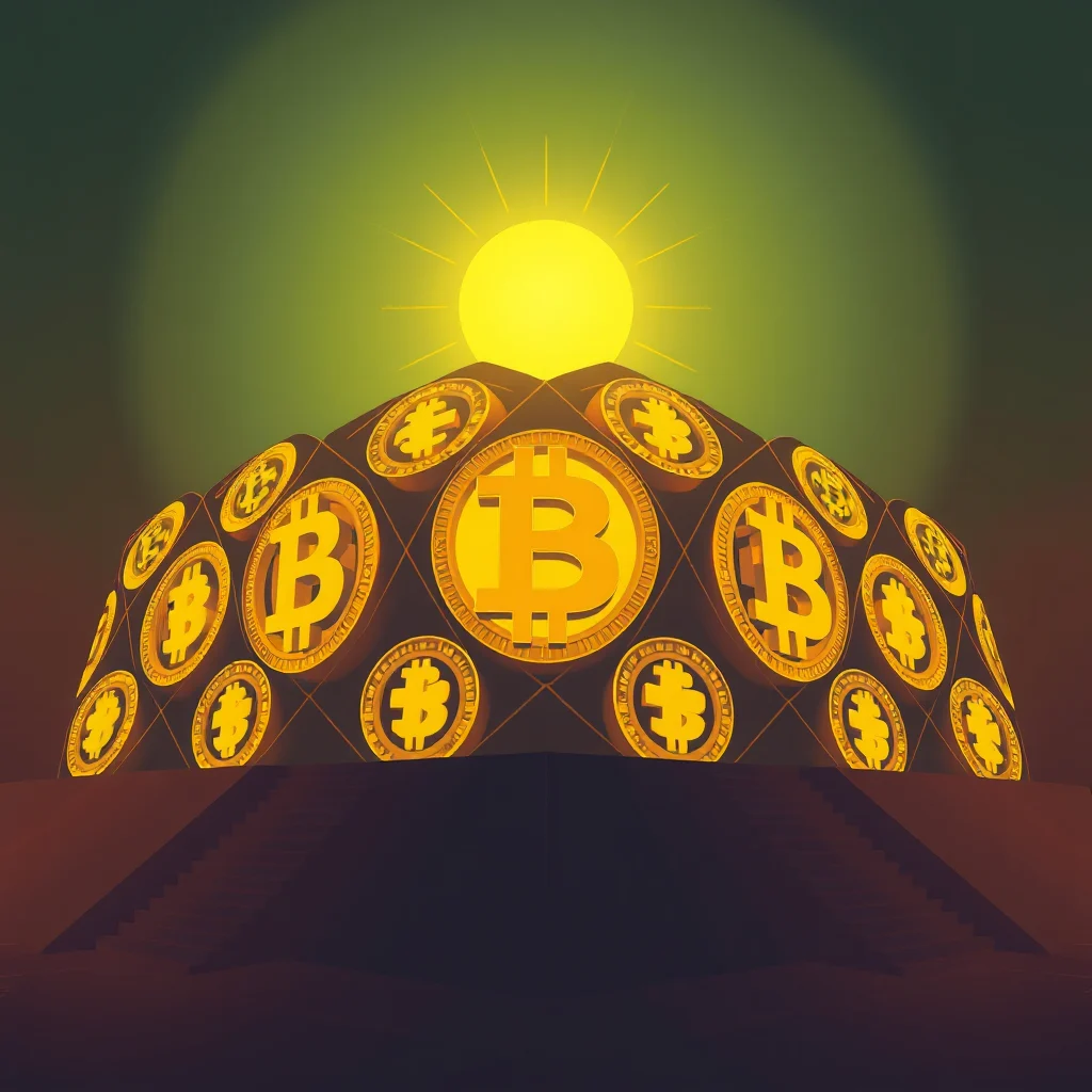 Eine Kuppel, die mit Bitcoin-Symbolen bedeckt ist und von einer strahlenden Sonne überragt wird, steht am Ende einer Treppe.