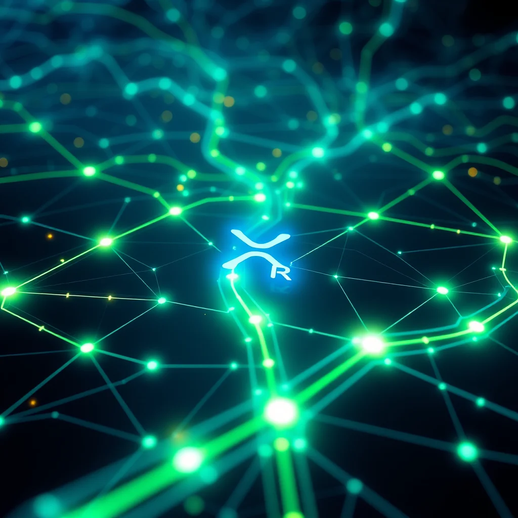 Ein leuchtendes XRP-Symbol umgeben von einem Netzwerk aus grünen und blauen Linien und Lichtern auf schwarzem Hintergrund.