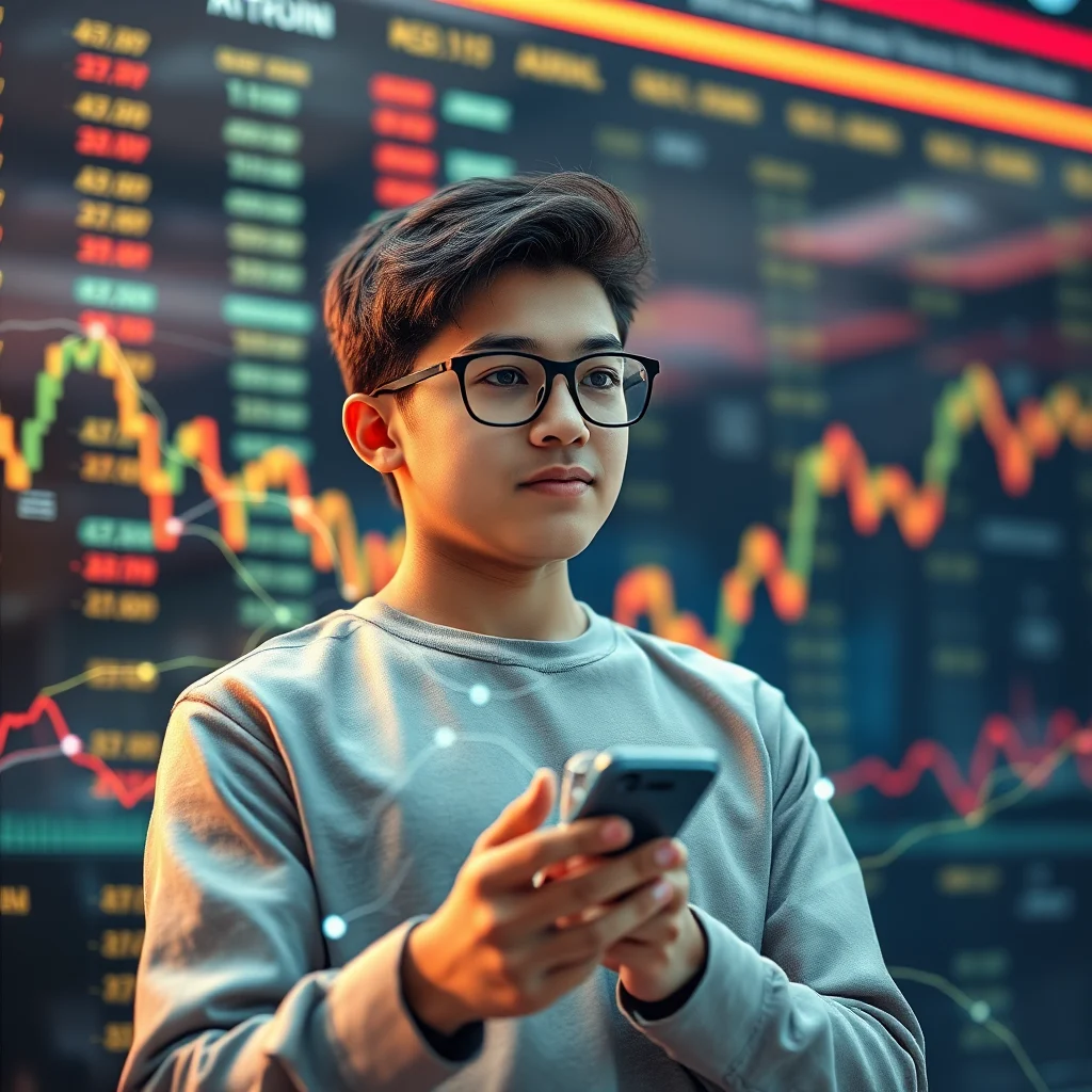 Ein junger Mann mit Brille, der ein Smartphone in der Hand hält, blickt auf einen großen Bildschirm mit Finanzdiagrammen.