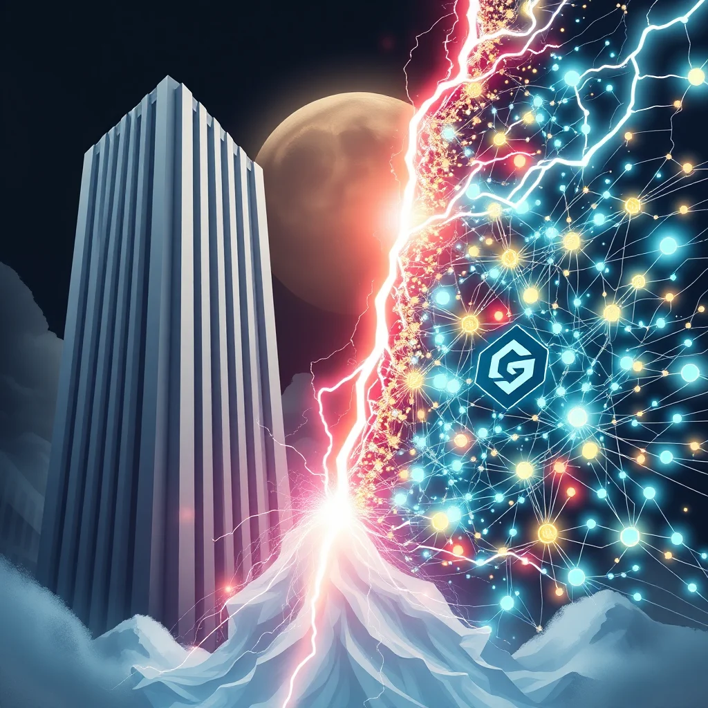 Ein futuristisches städtisches Panorama mit einem Wolkenkratzer, der von Blitzen und einem leuchtenden Netzwerk getroffen wird, vor dem Hintergrund eines großen Vollmondes.