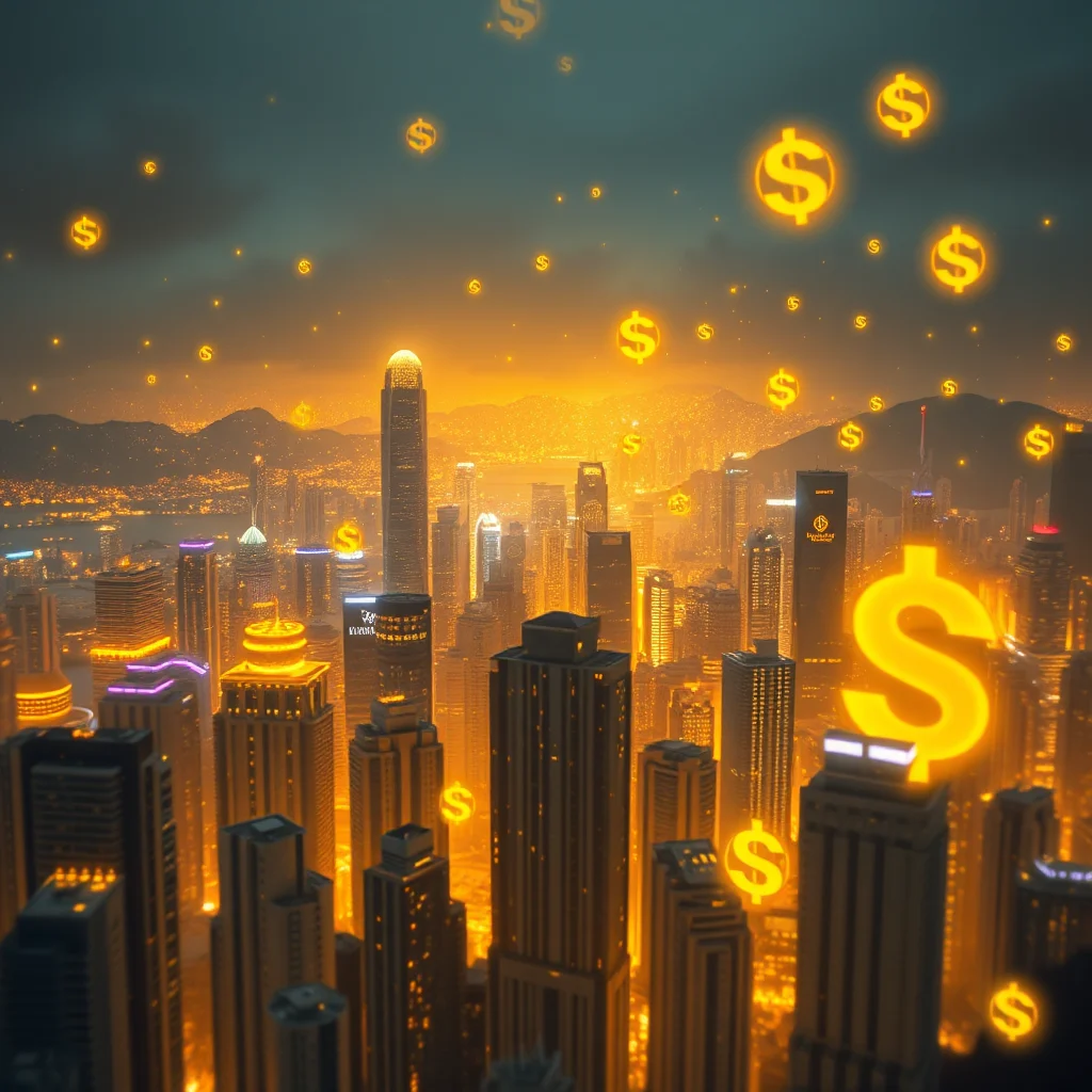 Ein goldener Dollarschein schwebt über einer beleuchteten Stadt bei Nacht.
