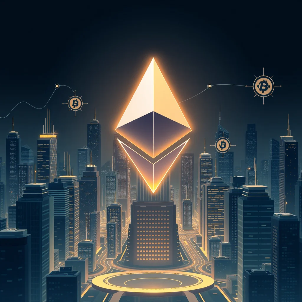 Eine hell erleuchtete, stilisierte Ethereum-Kryptowährungsmarke dominiert eine futuristische Stadtlandschaft bei Nacht, mit Bitcoin-Symbolen, die durch Linien verbunden sind, die das Netzwerk darstellen.