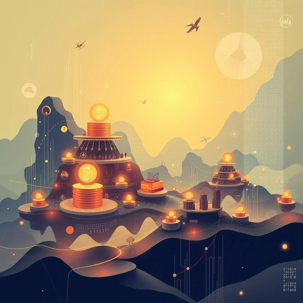 Illustration of a futuristic cityscape with Bitcoin symbols and airplanes flying in a golden sky.