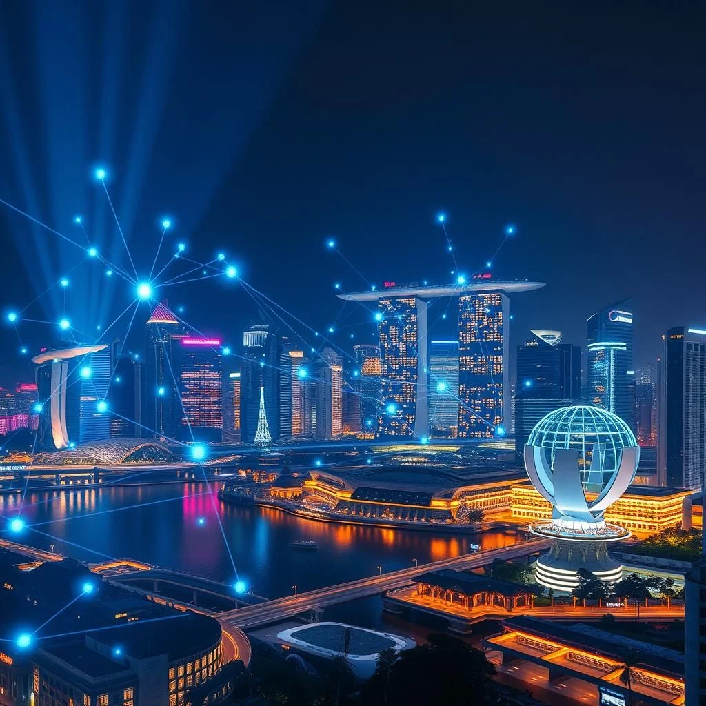 Eine Nachtaufnahme einer Stadt mit einem Wasserspiegel, der von Wolkenkratzern und einem Netzwerk aus blauen Lichtpunkten und Verbindungen umgeben ist.