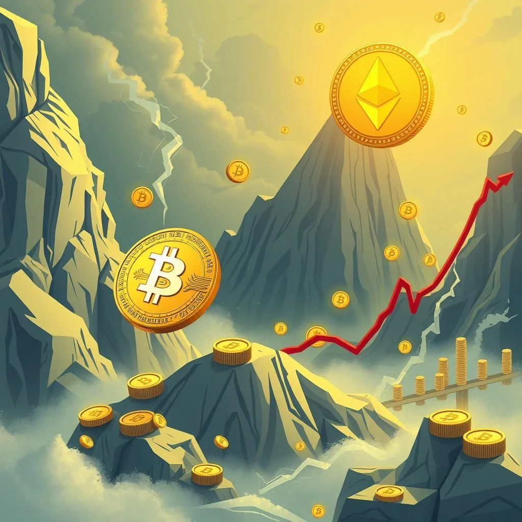Ein stilisiertes Bild, das den Aufstieg von Kryptowährungen wie Bitcoin und Ethereum durch dramatische Berglandschaften mit aufsteigenden roten Wachstumslinien, fallenden Münzen und Blitzschlag im Hintergrund darstellt.