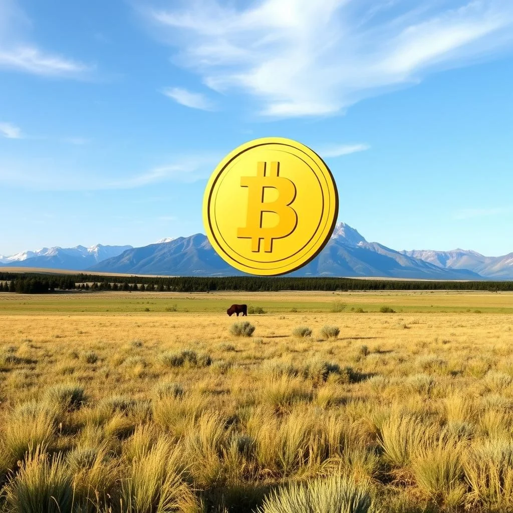 Ein Bitcoin-Symbol schwebt über einer weiten, von Gras und Büschen bedeckten Landschaft mit einem einzelnen Bison in der Mitte. Im Hintergrund erheben sich bewaldete Hügel und schneebedeckte Berge unter einem blauen Himmel mit einigen weißen Wolken.