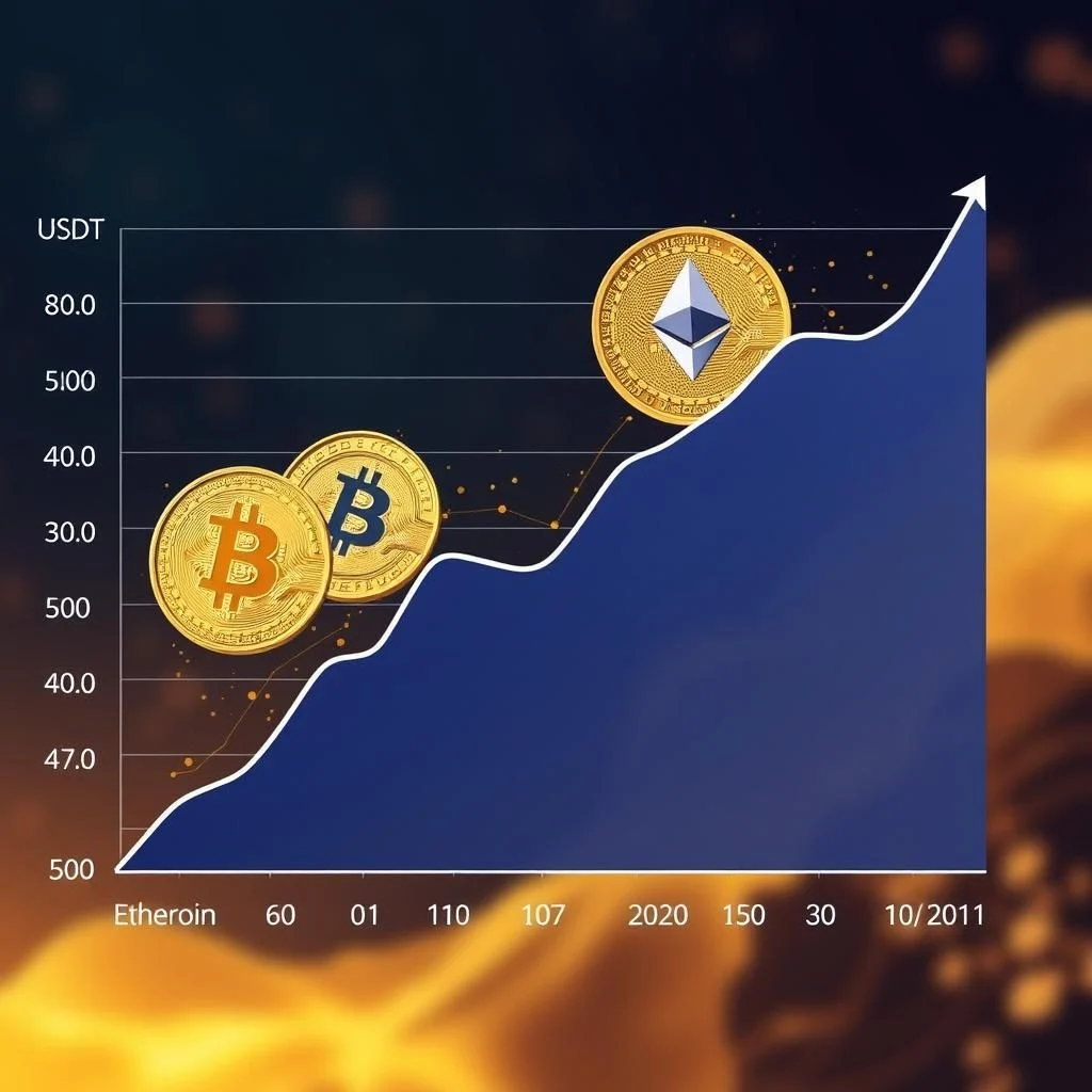 Ein Chart, der den steigenden Wert von Kryptowährungen wie Bitcoin und Ethereum darstellt, mit Münzsymbolen und Datenpunkten.