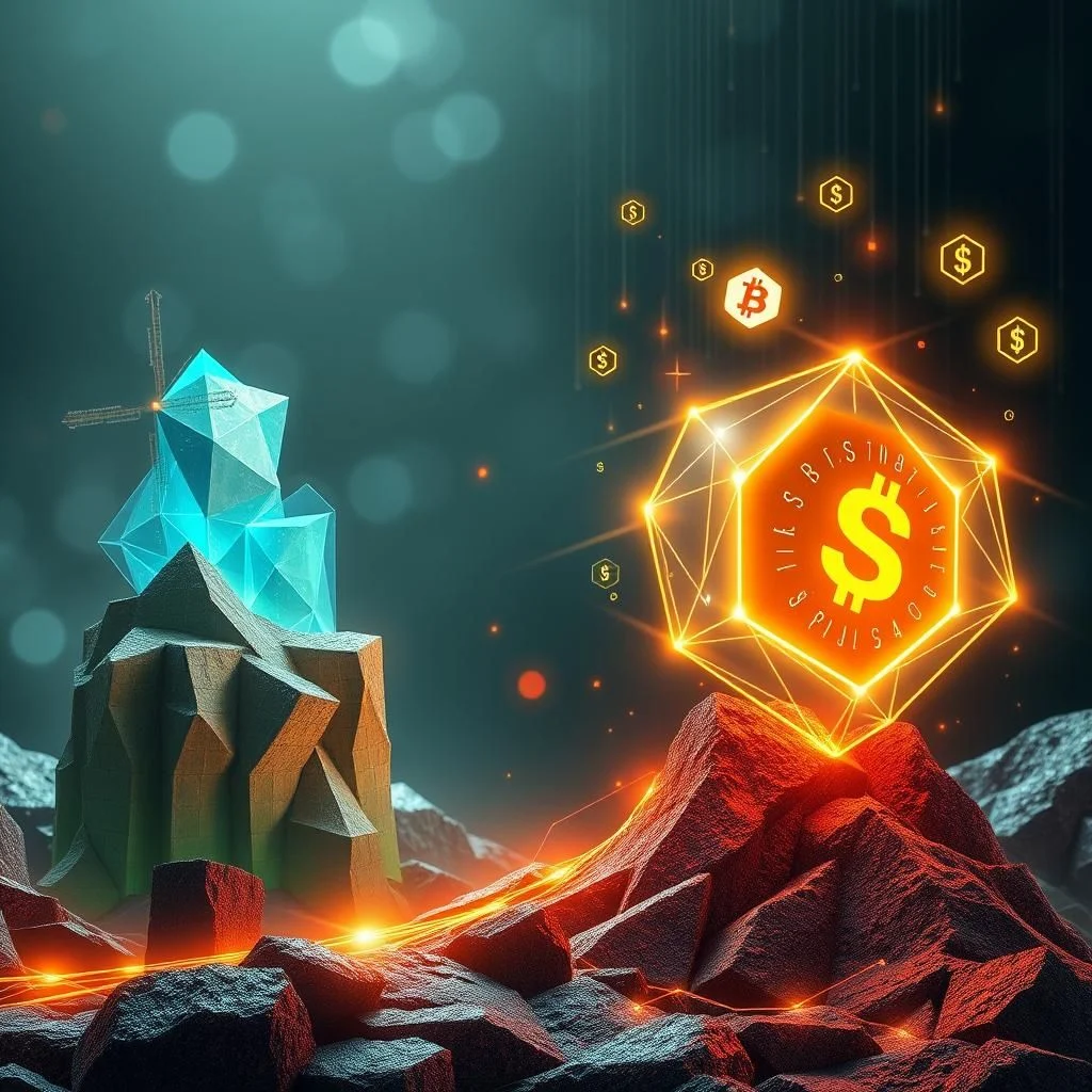 Ein eisiger, kristalliner Berg mit einer Windmühle darauf wird von glühendem, orangefarbenem Licht auf der rechten Seite beleuchtet, wo ein riesiges, goldenes, facettiertes Symbol mit einem Dollarzeichen in der Mitte über einem weiteren steinigen Berg schwebt. Zahlreiche kleinere goldene Sechsecke mit Dollarzeichen und ein Bitcoin-Symbol sind über den dunklen, nebligen Hintergrund verstreut.
