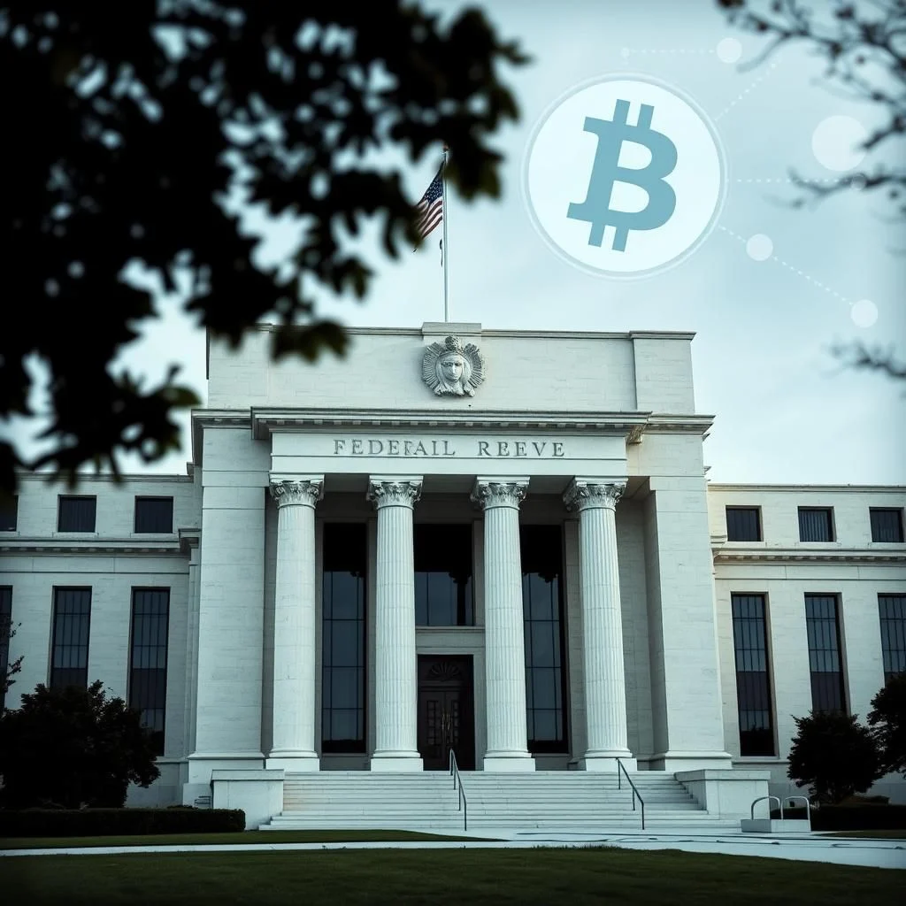 Ein Bitcoin-Symbol ist über dem Gebäude der Federal Reserve zu sehen, das eine Kombination aus traditioneller und moderner Finanzarchitektur darstellt.