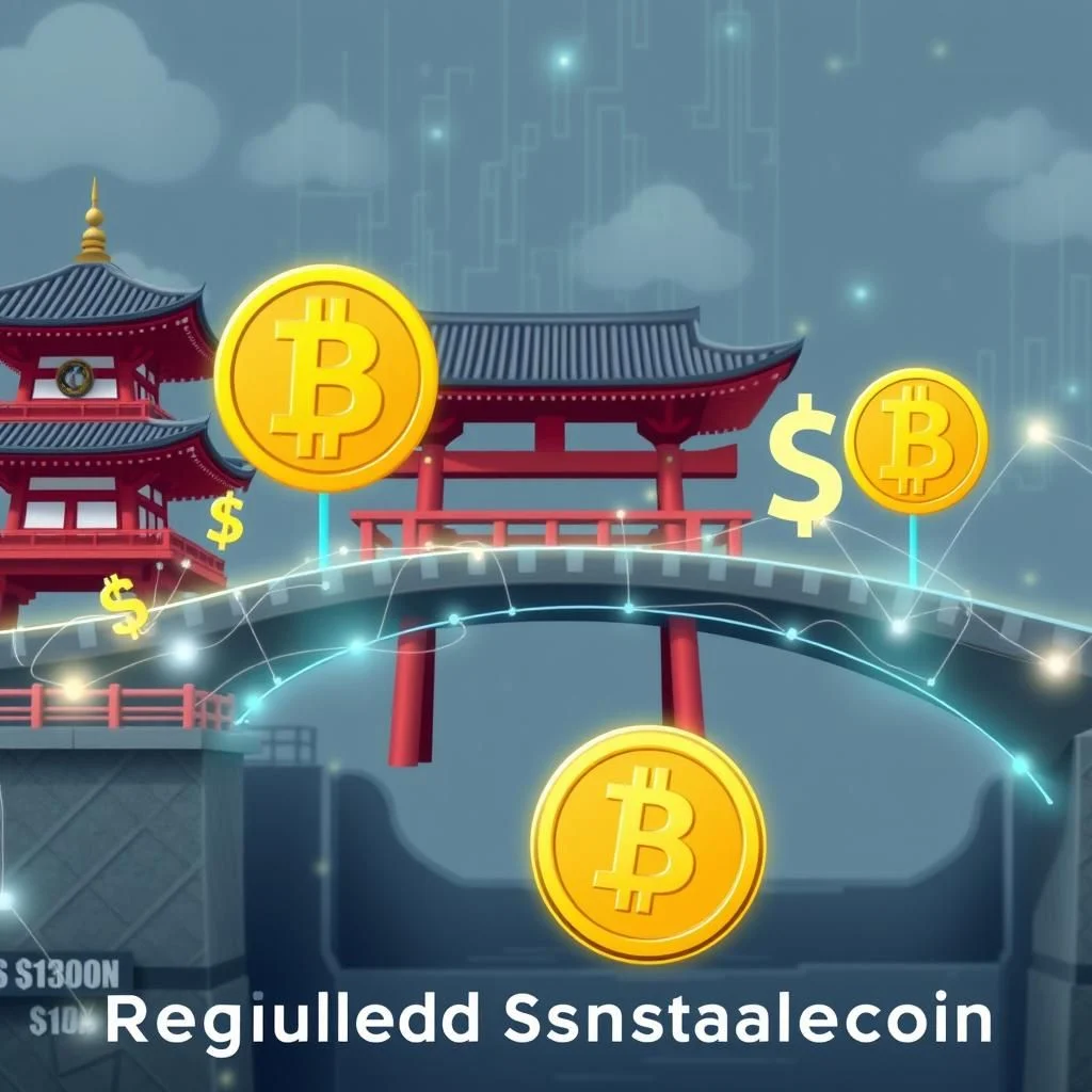 Ein stilisierter japanischer Pagoden- und Torbogen-komplex, der mit großen goldenen Bitcoin-Symbolen und Dollarzeichen geschmückt ist, die über einer Brücke schweben.